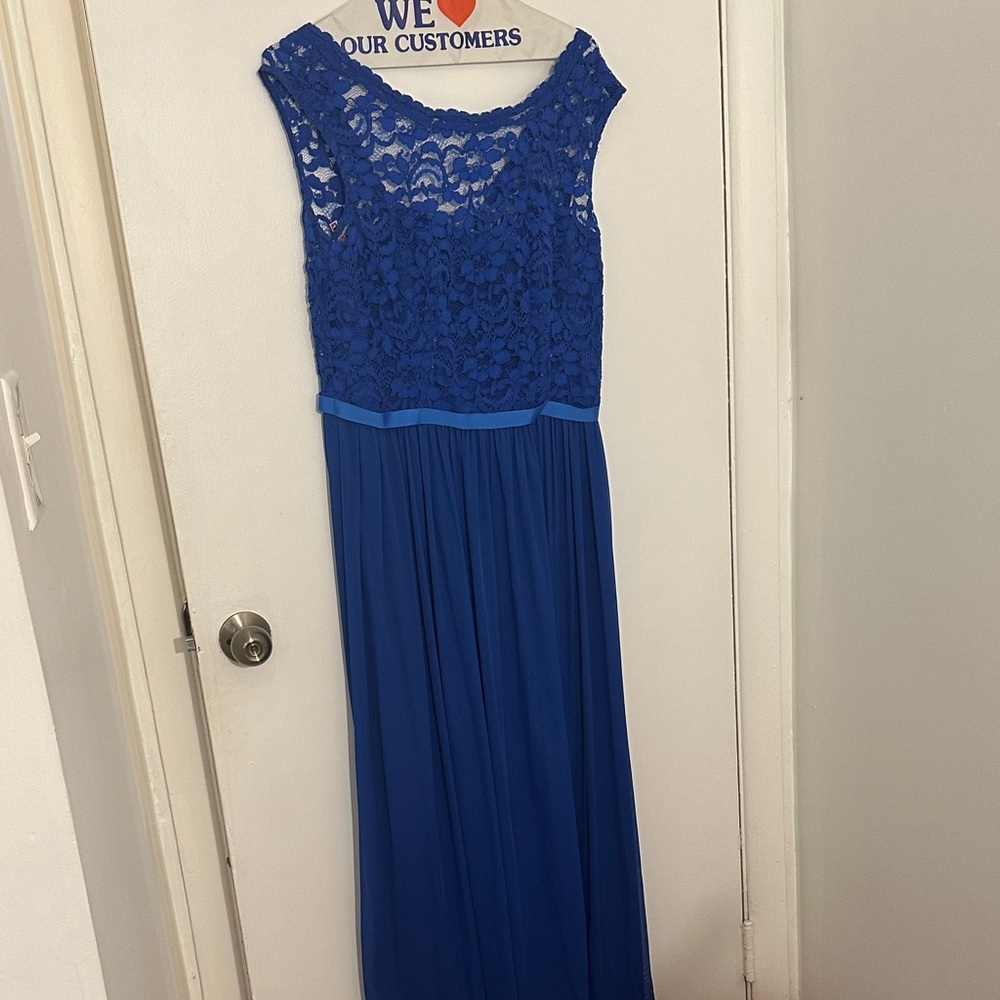 Elegant Blue Lace Evening Gown Davids bridal hemmed for 5ft person size 10